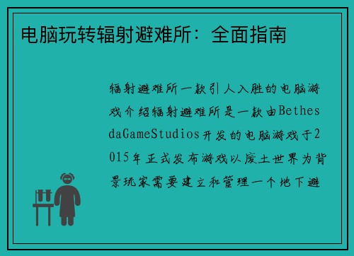 电脑玩转辐射避难所：全面指南